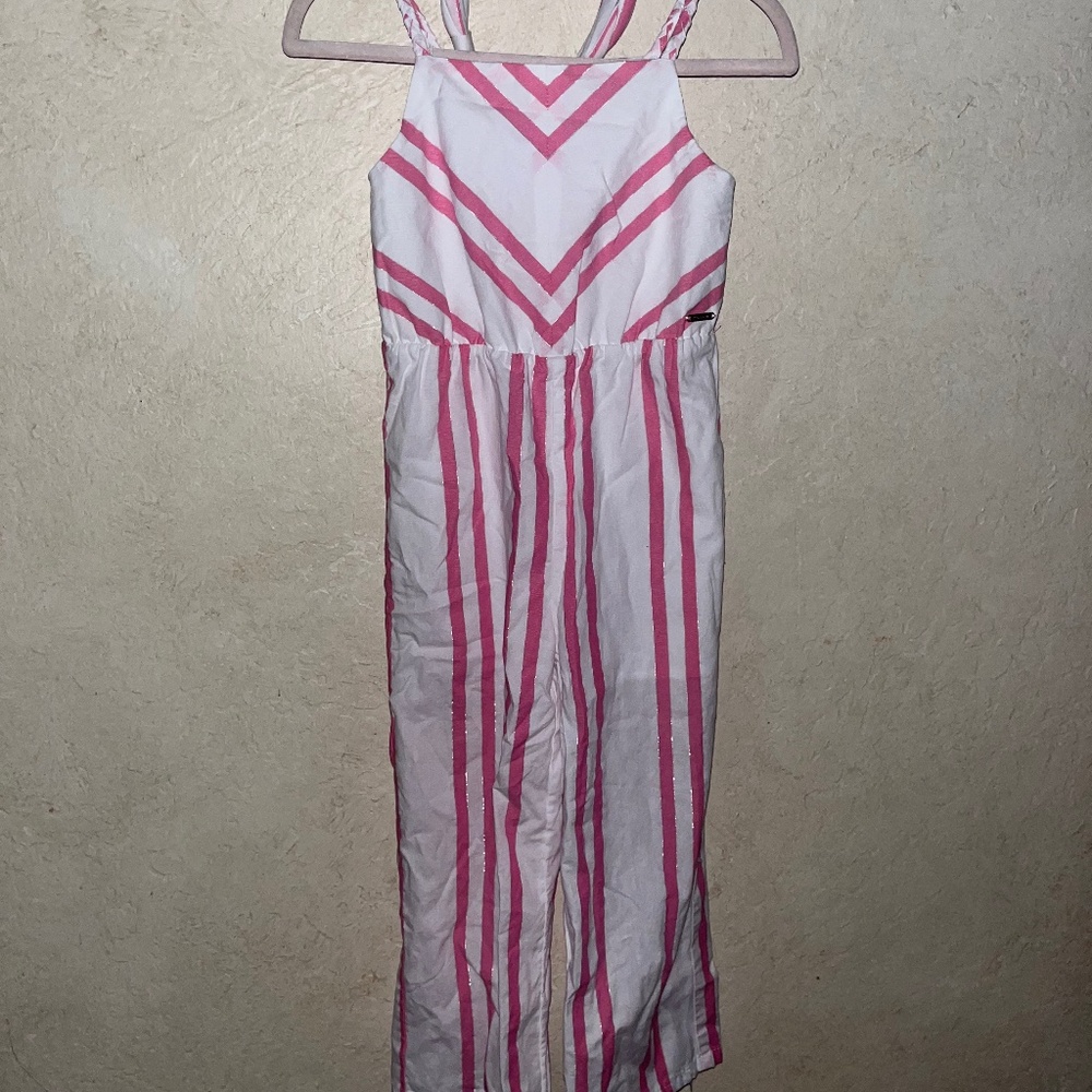 Tahari girls jumpsuit and matching headband pink and white striped
